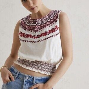 Anthropology Embroidered White and Red Women's Top